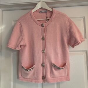 NWT Zara Women’s Pink Short Sleeve Jeweled Sweater Size XL